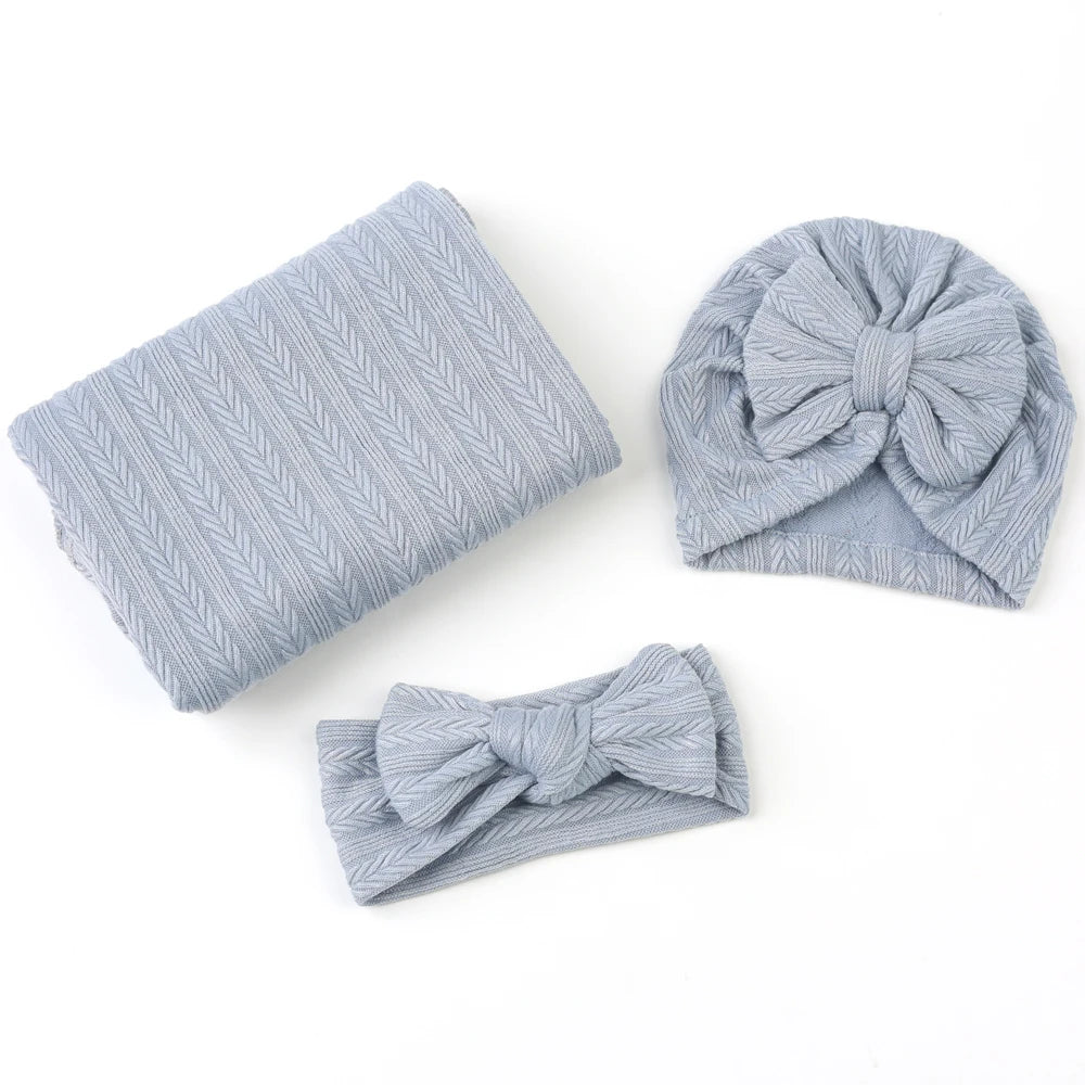 New Born Swaddle Blanket, Headband & Hat Gift Set