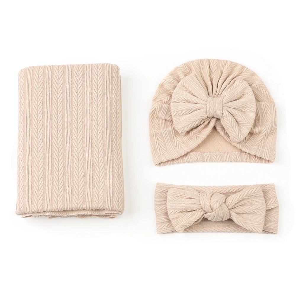 New Born Swaddle Blanket, Headband & Hat Gift Set