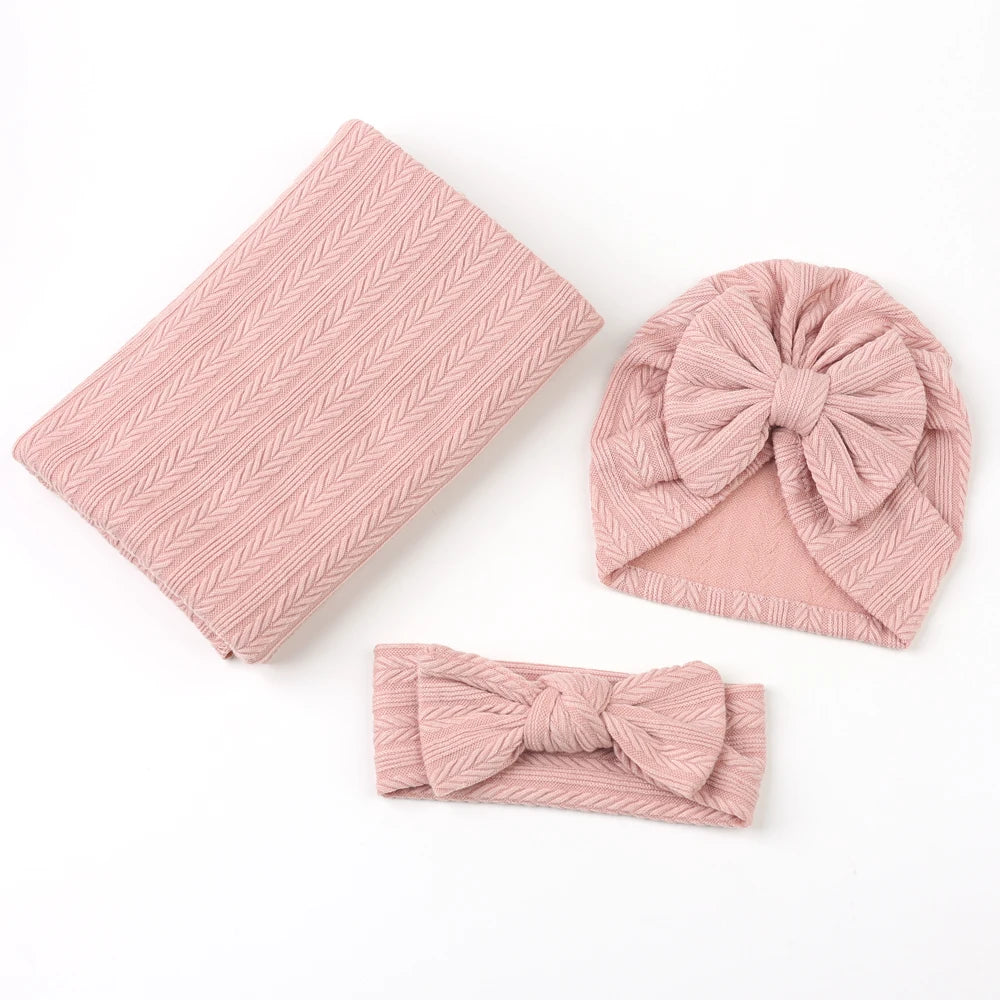 New Born Swaddle Blanket, Headband & Hat Gift Set