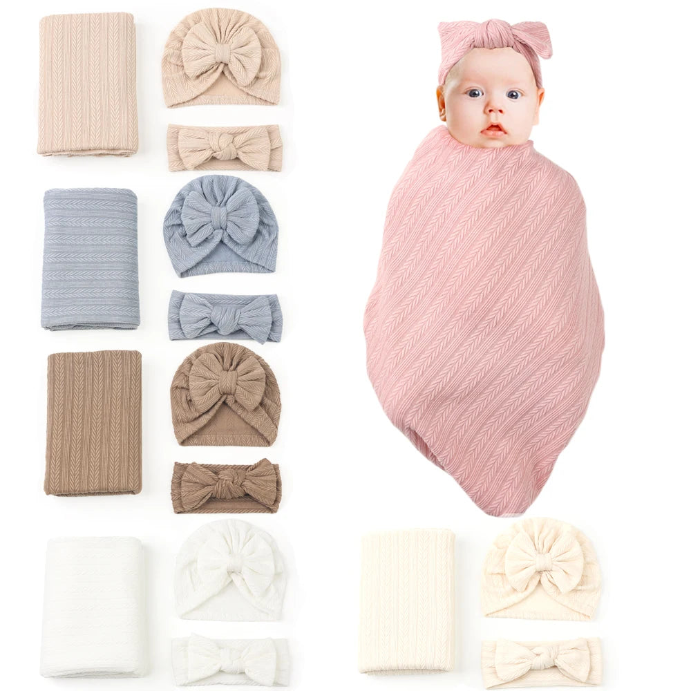 New Born Swaddle Blanket, Headband & Hat Gift Set