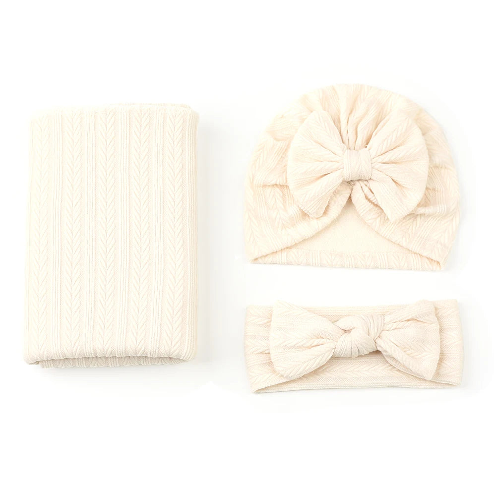 New Born Swaddle Blanket, Headband & Hat Gift Set