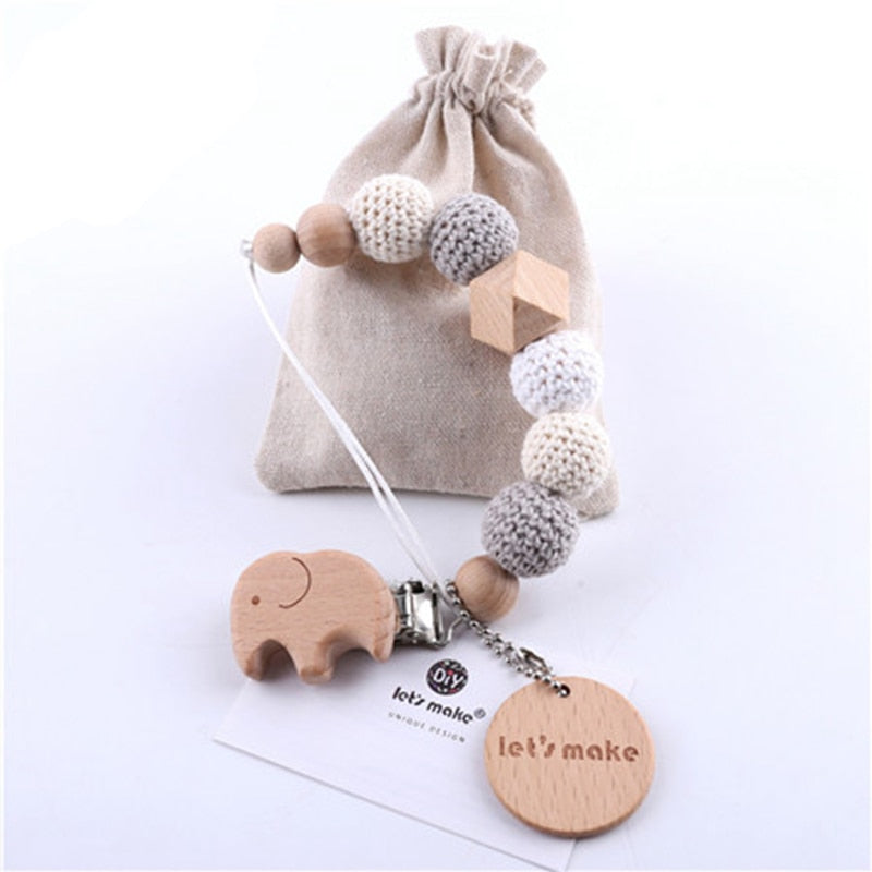 Baby Dummy Chain Elephant Wooden Clip with Bag